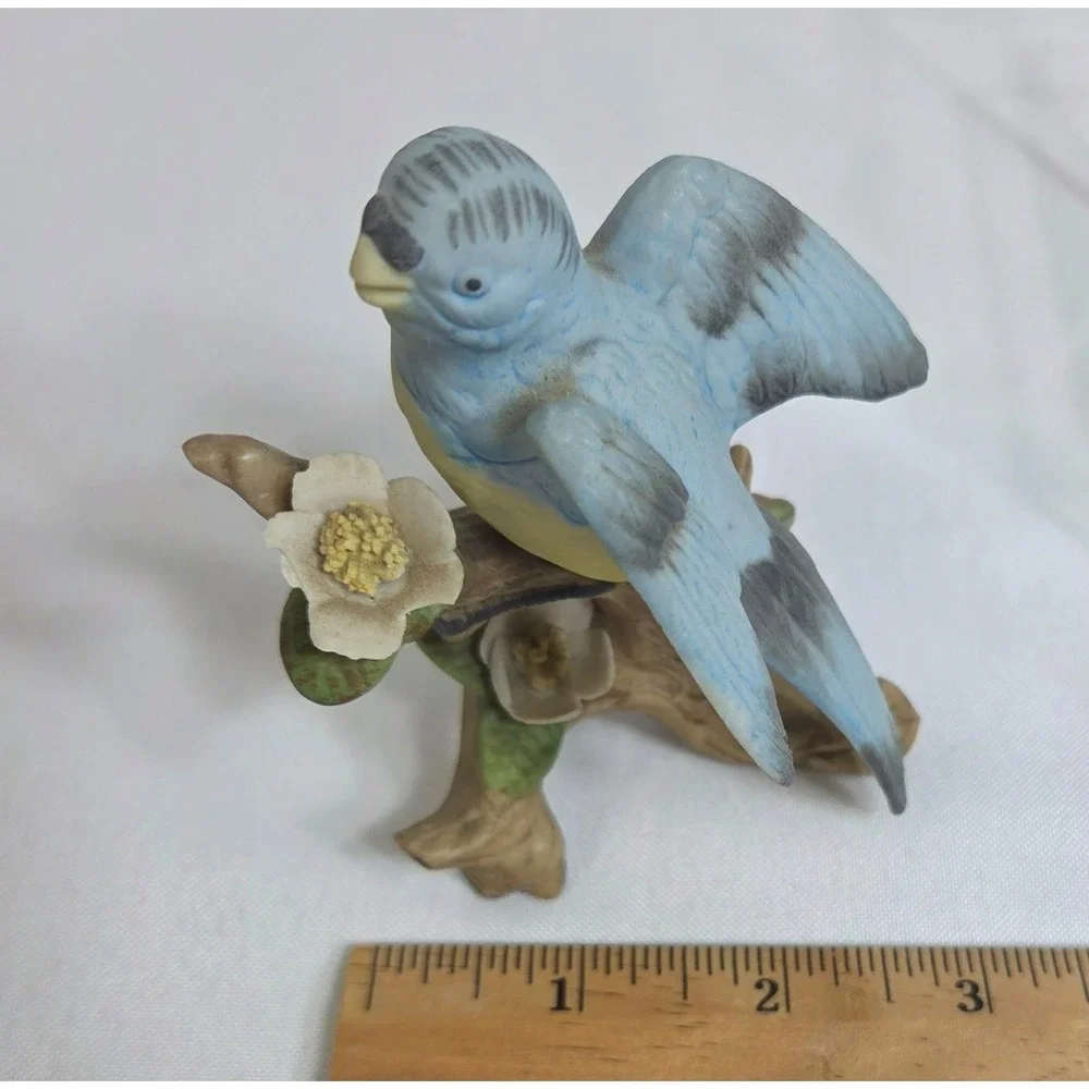 Vintage Ceramic Blue Bird Figurine On Branch With Applied Flowers